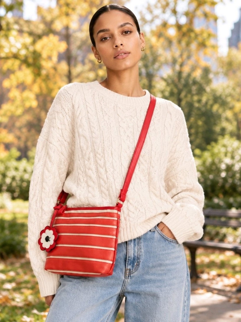 CUTE Red & Tan Striped Multi-Zip Faux Leather Crossbody Bag with Floral Charm